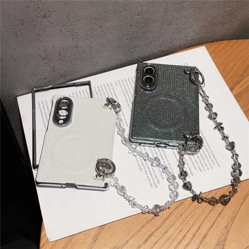 For Samsung Galaxy Z Fold8 Magnetic Case Pearlescent Glitter Shockproof PC Phone Cover with Beaded Chain - Black