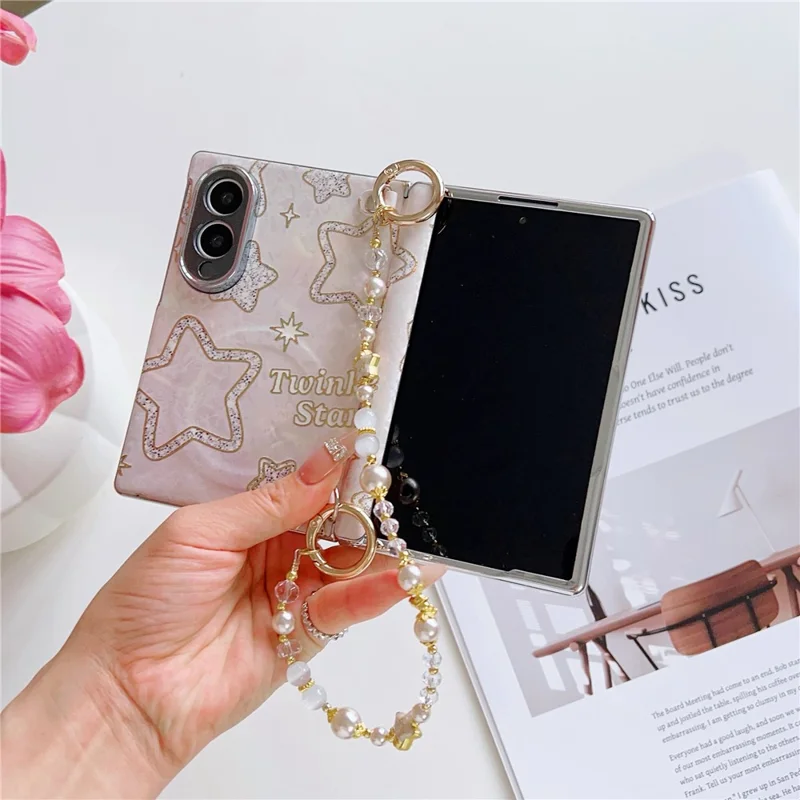 For Samsung Galaxy Z Fold8 Magnetic Case Shell Texture Pattern Print Foldable Phone Cover with Pearl Wrist Strap - Star