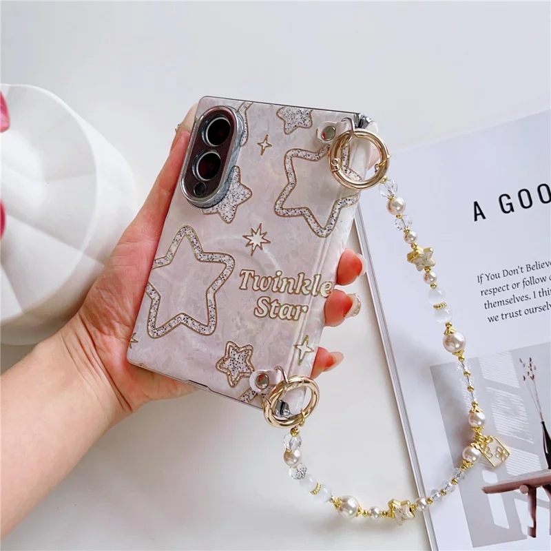 For Samsung Galaxy Z Fold8 Magnetic Case Shell Texture Pattern Print Foldable Phone Cover with Pearl Wrist Strap - Star