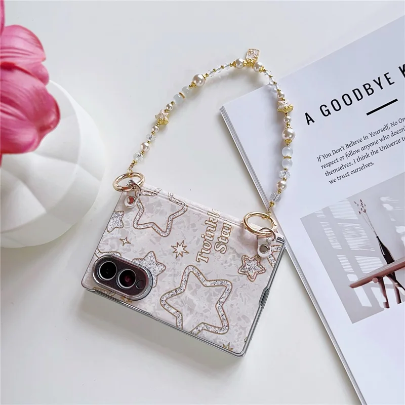 For Samsung Galaxy Z Fold8 Magnetic Case Shell Texture Pattern Print Foldable Phone Cover with Pearl Wrist Strap - Star