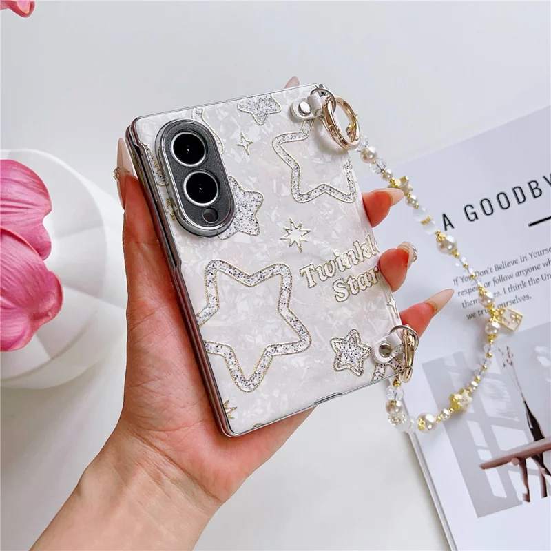 For Samsung Galaxy Z Fold8 Magnetic Case Shell Texture Pattern Print Foldable Phone Cover with Pearl Wrist Strap - Star