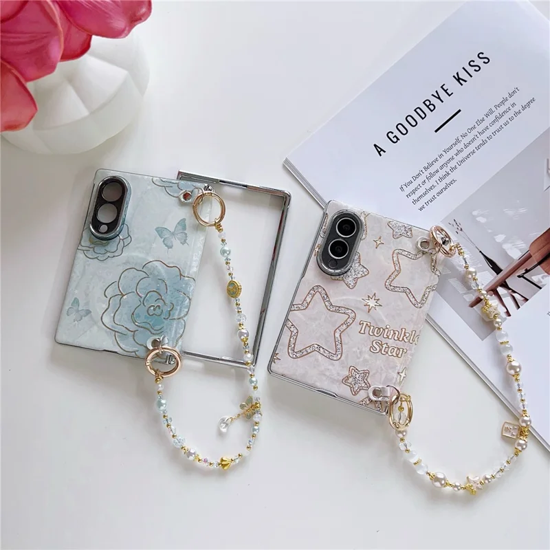 For Samsung Galaxy Z Fold8 Magnetic Case Shell Texture Pattern Print Foldable Phone Cover with Pearl Wrist Strap - Star