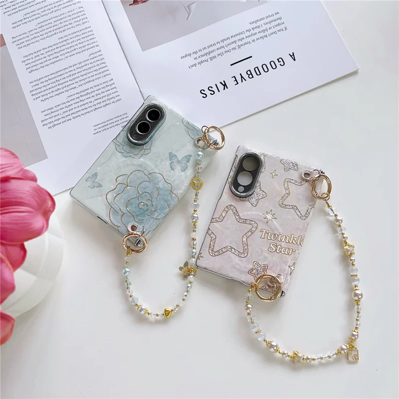 For Samsung Galaxy Z Fold8 Magnetic Case Shell Texture Pattern Print Foldable Phone Cover with Pearl Wrist Strap - Star