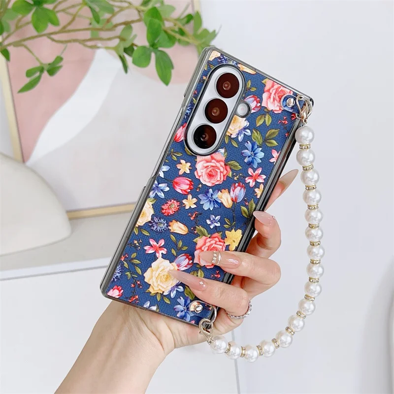 For Samsung Galaxy Z Fold8 Ultra Case Floral Pattern Fabric Texture Dual Hinge Protection Phone Cover with Pearl Hand Strap - Blue