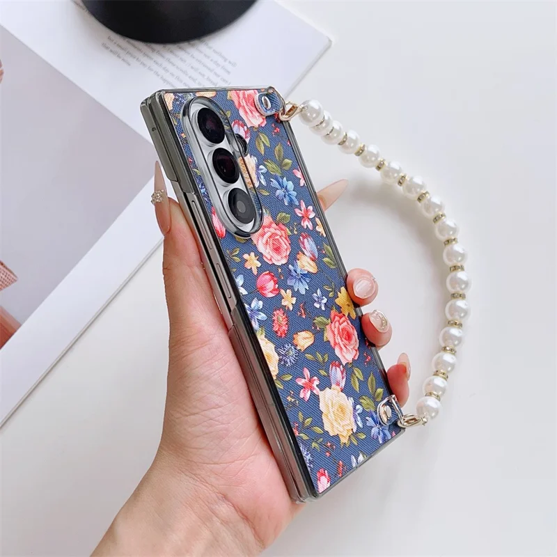 For Samsung Galaxy Z Fold8 Ultra Case Floral Pattern Fabric Texture Dual Hinge Protection Phone Cover with Pearl Hand Strap - Blue