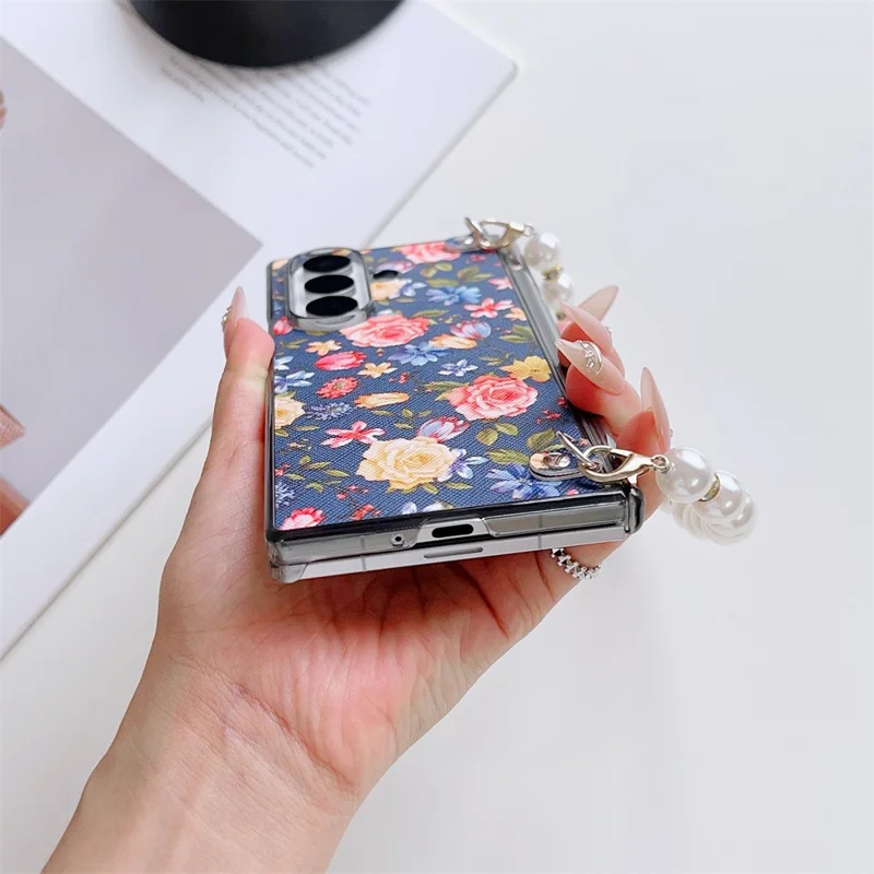For Samsung Galaxy Z Fold8 Ultra Case Floral Pattern Fabric Texture Dual Hinge Protection Phone Cover with Pearl Hand Strap - Blue