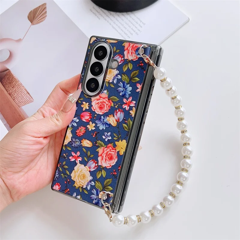 For Samsung Galaxy Z Fold8 Ultra Case Floral Pattern Fabric Texture Dual Hinge Protection Phone Cover with Pearl Hand Strap - Blue