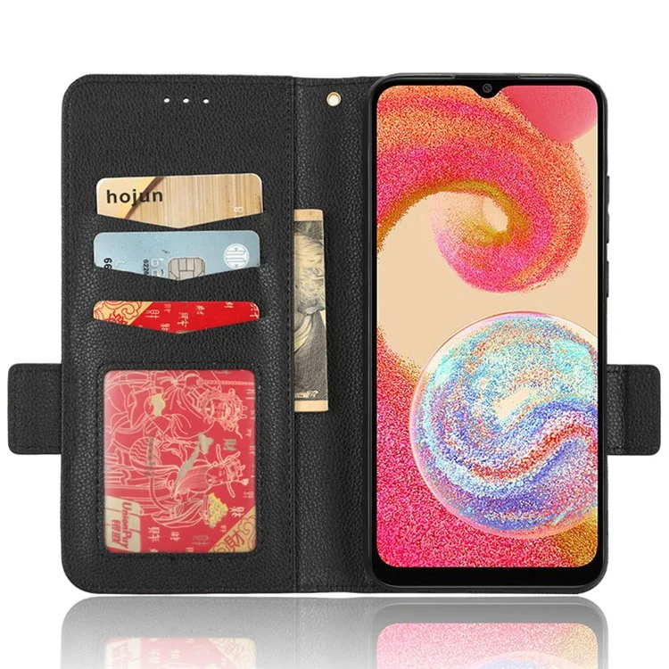 Für Samsung Galaxy A04e 4G PU Leder Brieftasche Telefonhülle Dual Magnetic Clasp Litchi Textur Stoßdämpfer Flip Ständer Abdeckung - Schwarz