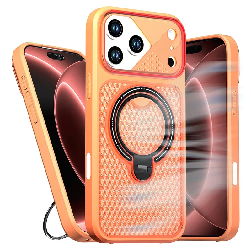 For iPhone 17 Pro Case Ring Kickstand Honeycomb Heat Dissipation PC + TPU Phone Cover - Orange