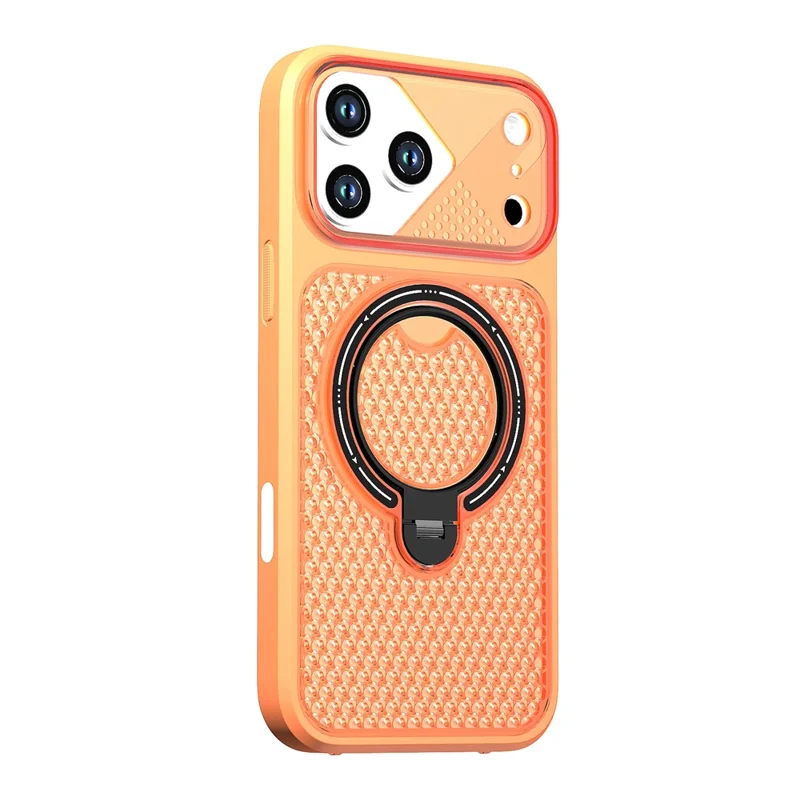 For iPhone 17 Pro Case Ring Kickstand Honeycomb Heat Dissipation PC + TPU Phone Cover - Orange