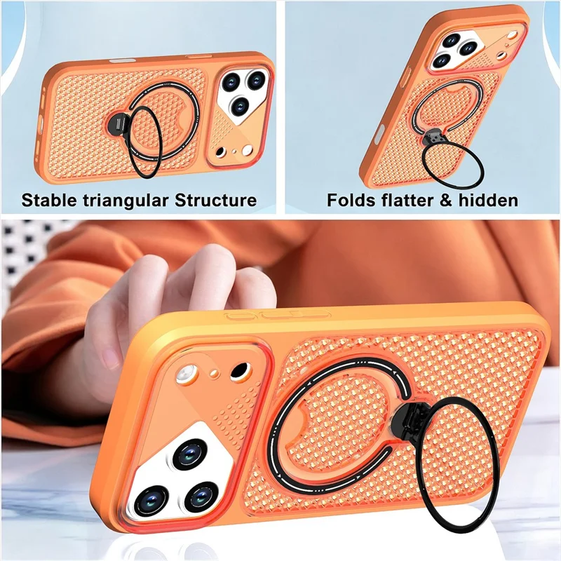 For iPhone 17 Pro Case Ring Kickstand Honeycomb Heat Dissipation PC + TPU Phone Cover - Orange