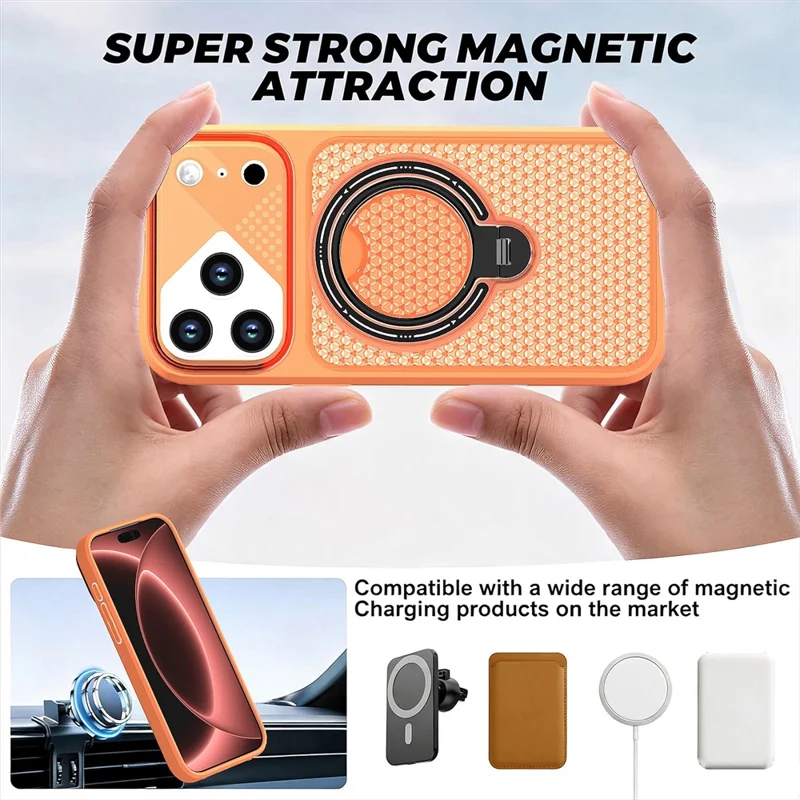 For iPhone 17 Pro Case Ring Kickstand Honeycomb Heat Dissipation PC + TPU Phone Cover - Orange