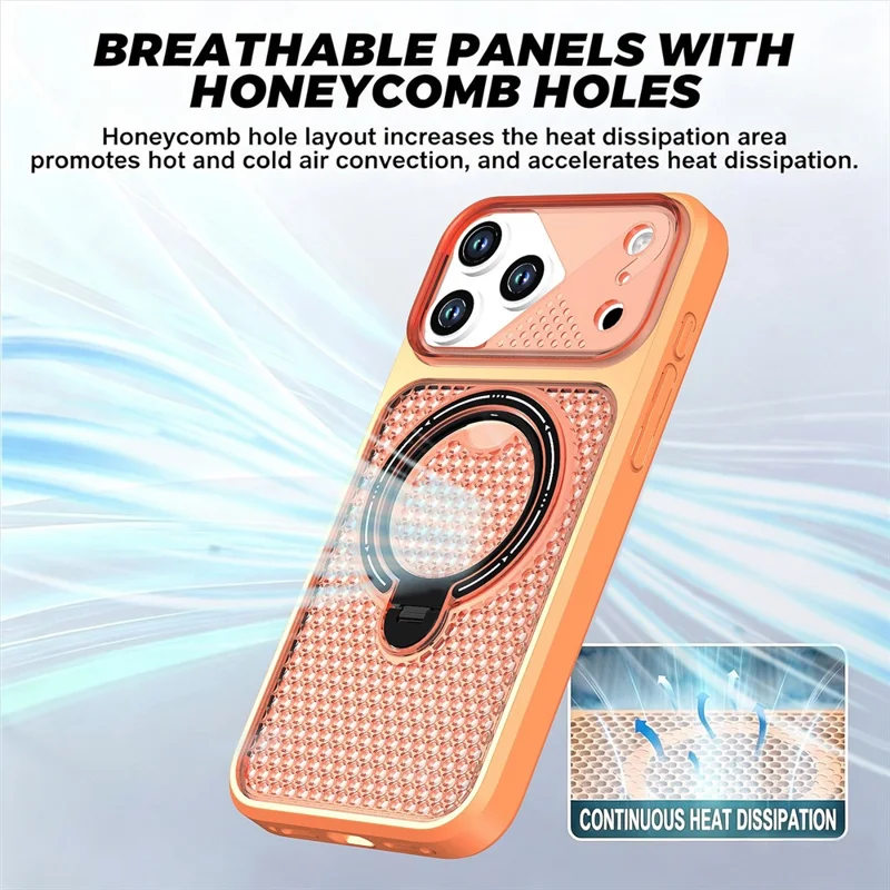 For iPhone 17 Pro Case Ring Kickstand Honeycomb Heat Dissipation PC + TPU Phone Cover - Orange