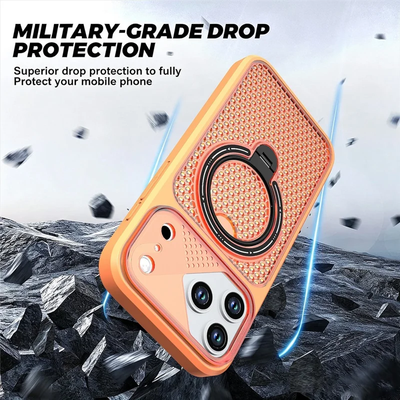 For iPhone 17 Pro Case Ring Kickstand Honeycomb Heat Dissipation PC + TPU Phone Cover - Orange