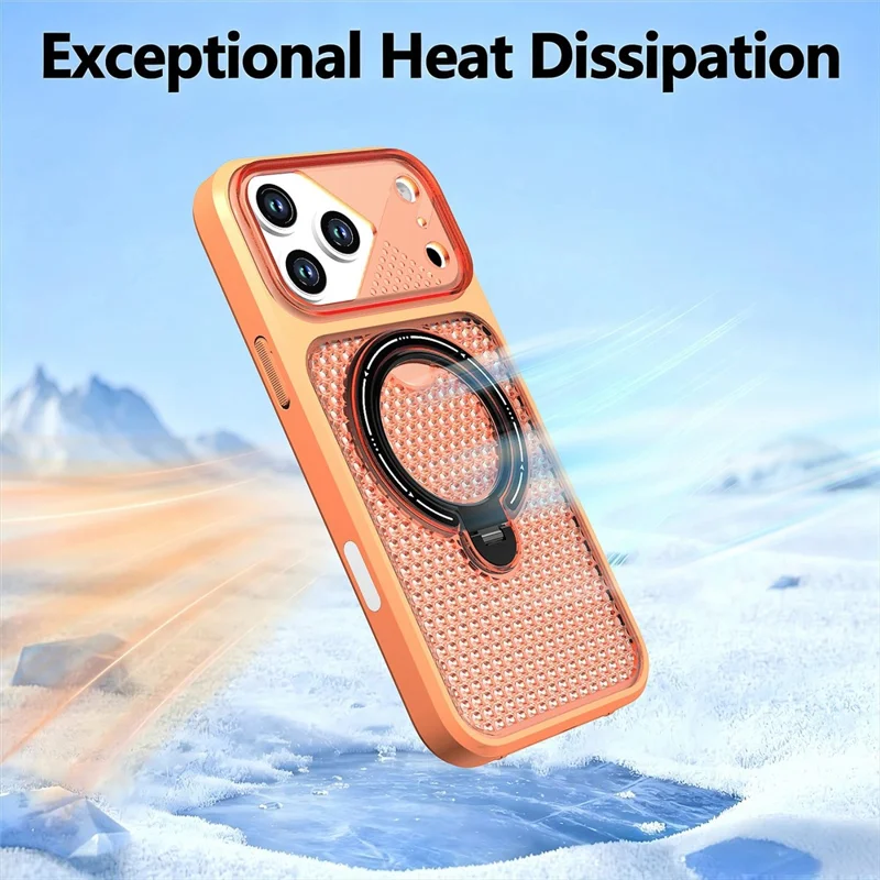 For iPhone 17 Pro Case Ring Kickstand Honeycomb Heat Dissipation PC + TPU Phone Cover - Orange