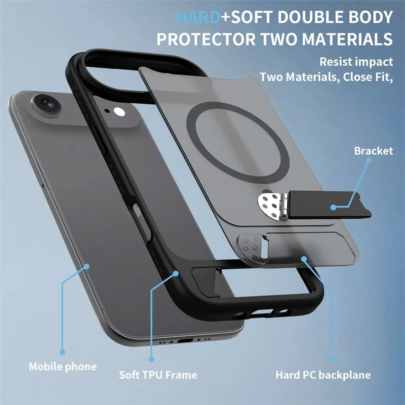 For iPhone Air Magnetic Case Ring Kickstand PC + TPU Skin Touch Phone Cover - Black