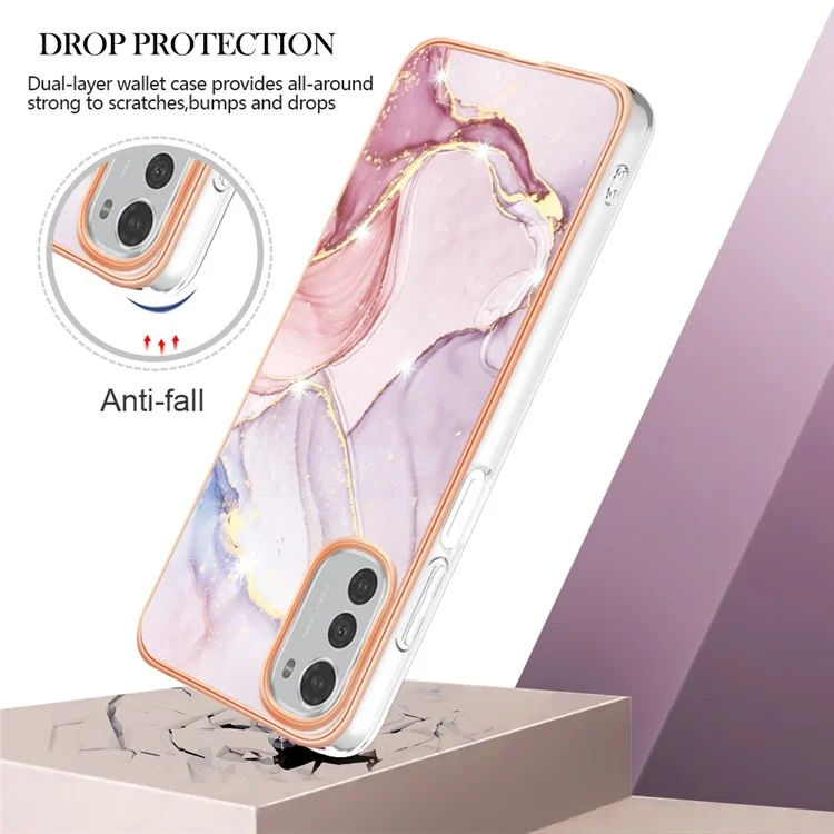 Pour Motorola Moto E32 4G / E32s 4G YB IMD Series-2 Marble Pattern Phone Case Soft TPU Electroplating Frame Shockproof Protection Skin Shell IMD Back Cover - Rose Gold 005