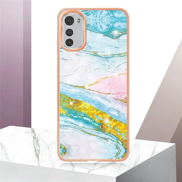 For Motorola Moto E32 4G / E32s 4G YB IMD Series-2 Marble Pattern Phone Case Soft TPU Electroplating Frame Shockproof Protection Skin Shell IMD Back Cover - Green 004