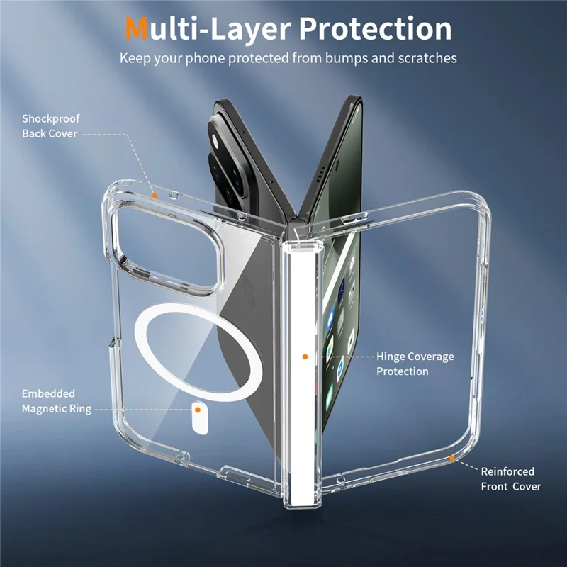 For Google Pixel 11 Pro Fold Magnetic Case Hinge Protection TPU + Acrylic Clear Phone Cover with Front Frame - Transparent