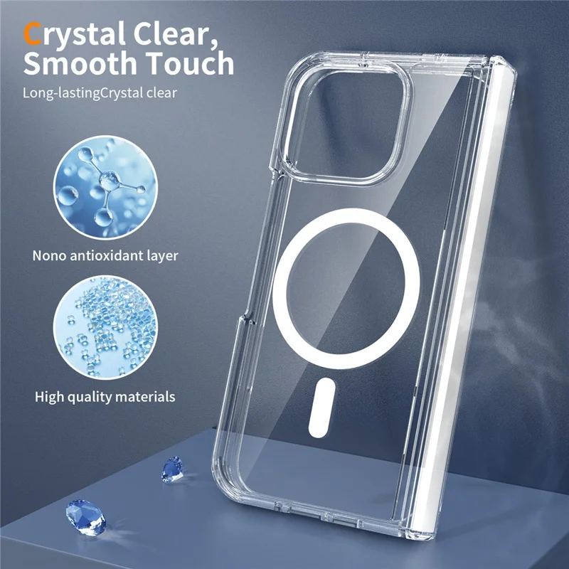 For Google Pixel 11 Pro Fold Magnetic Case Hinge Protection TPU + Acrylic Clear Phone Cover with Front Frame - Transparent