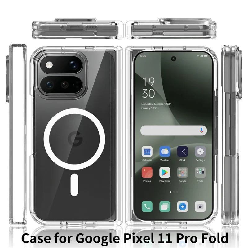 For Google Pixel 11 Pro Fold Magnetic Case Hinge Protection TPU + Acrylic Clear Phone Cover with Front Frame - Transparent