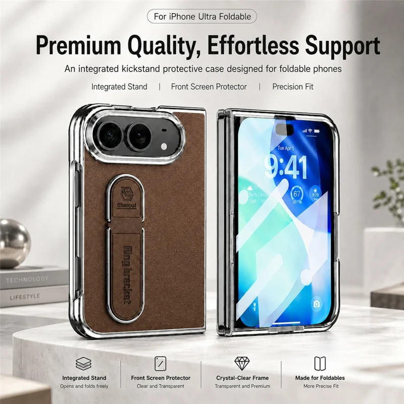 For iPhone Fold Case met Standaard Elektrolytisch Verkoper PU Leer + PC Telefoonhoes met Schermbeschermer - Bruin