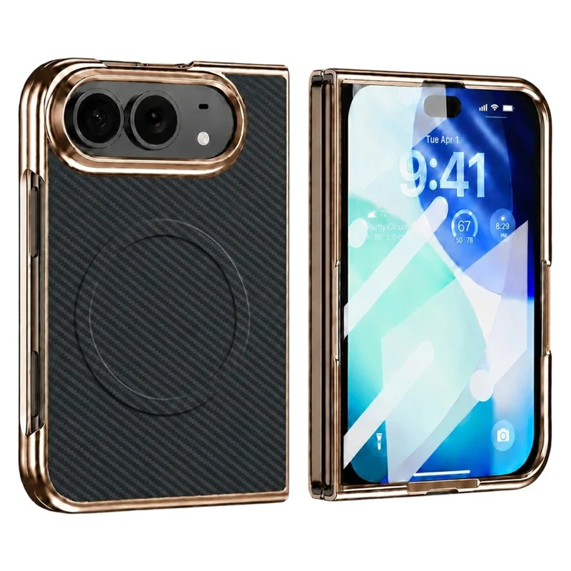 For iPhone Fold Magnetic Case Carbon Fiber Texture Leather + PC Electroplated Foldable Phone Cover with Screen Protector - Black