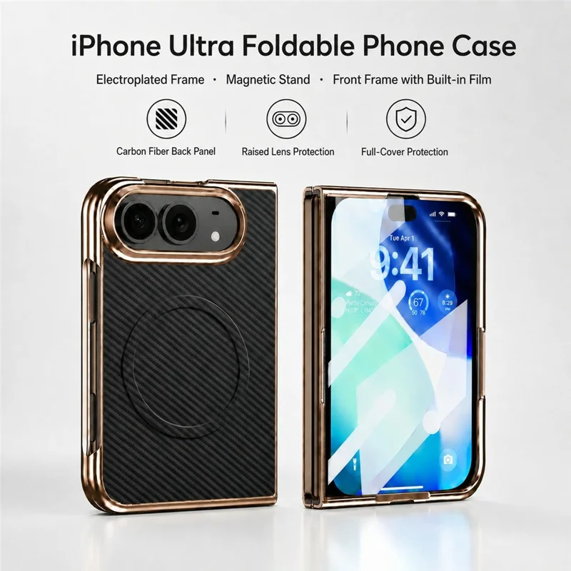 For iPhone Fold Magnetic Case Carbon Fiber Texture Leather + PC Electroplated Foldable Phone Cover with Screen Protector - Black