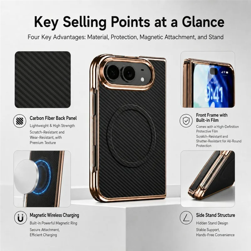 For iPhone Fold Magnetic Case Carbon Fiber Texture Leather + PC Electroplated Foldable Phone Cover with Screen Protector - Black