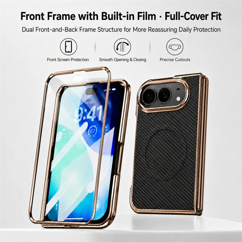 For iPhone Fold Magnetic Case Carbon Fiber Texture Leather + PC Electroplated Foldable Phone Cover with Screen Protector - Black