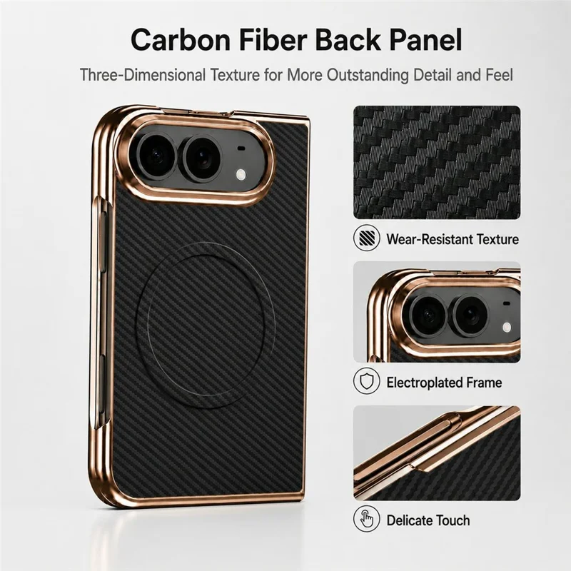 For iPhone Fold Magnetic Case Carbon Fiber Texture Leather + PC Electroplated Foldable Phone Cover with Screen Protector - Black