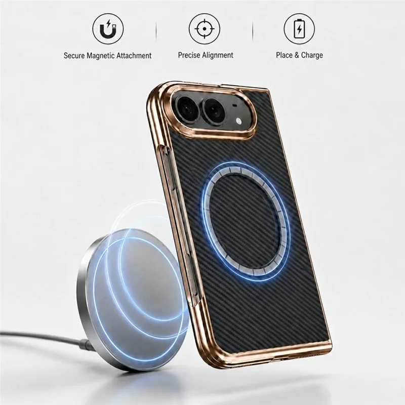 For iPhone Fold Magnetic Case Carbon Fiber Texture Leather + PC Electroplated Foldable Phone Cover with Screen Protector - Black