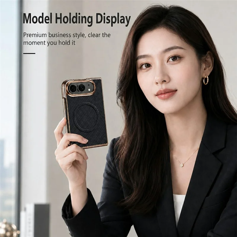 For iPhone Fold Magnetic Case Carbon Fiber Texture Leather + PC Electroplated Foldable Phone Cover with Screen Protector - Black