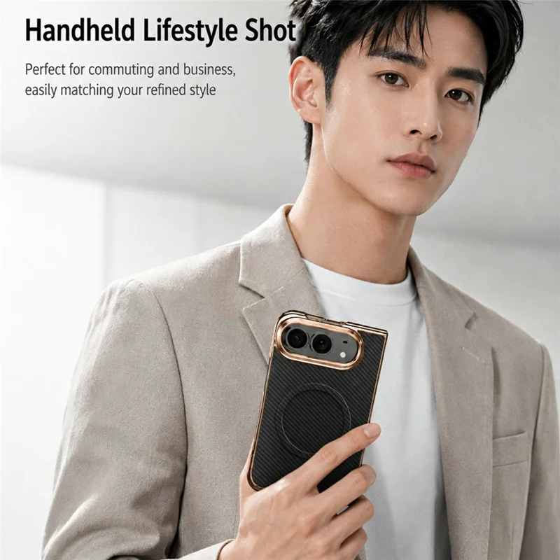 For iPhone Fold Magnetic Case Carbon Fiber Texture Leather + PC Electroplated Foldable Phone Cover with Screen Protector - Black