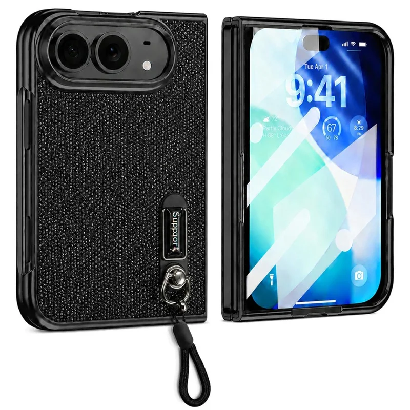 For iPhone Fold Case Kickstand Glitter Texture Foldable Phone Cover with Screen Protector / Wrist Strap - Black