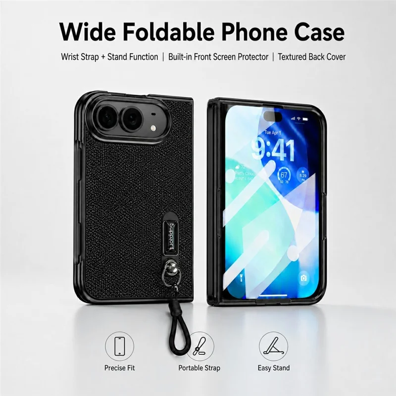 For iPhone Fold Case Kickstand Glitter Texture Foldable Phone Cover with Screen Protector / Wrist Strap - Black