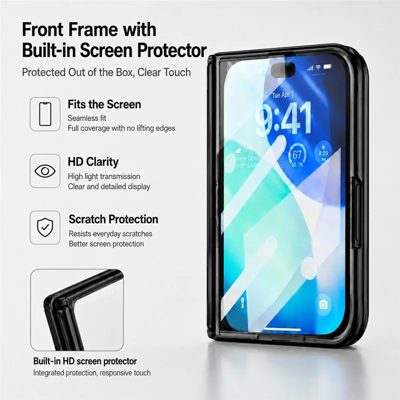 For iPhone Fold Case Kickstand Glitter Texture Foldable Phone Cover with Screen Protector / Wrist Strap - Black