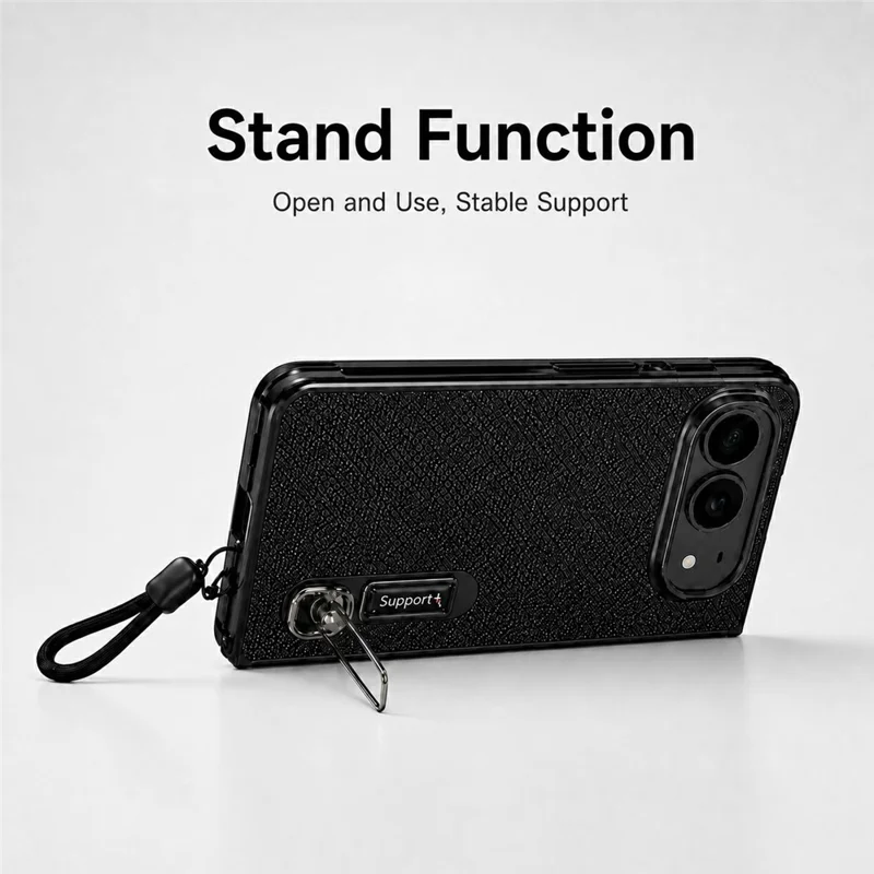 For iPhone Fold Case Kickstand Glitter Texture Foldable Phone Cover with Screen Protector / Wrist Strap - Black