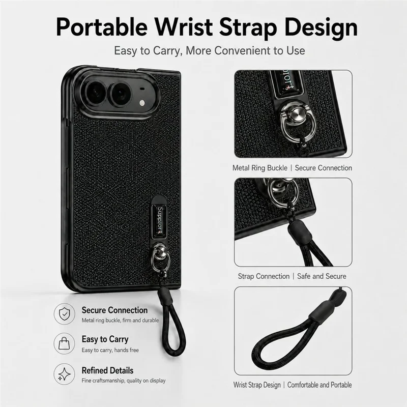 For iPhone Fold Case Kickstand Glitter Texture Foldable Phone Cover with Screen Protector / Wrist Strap - Black