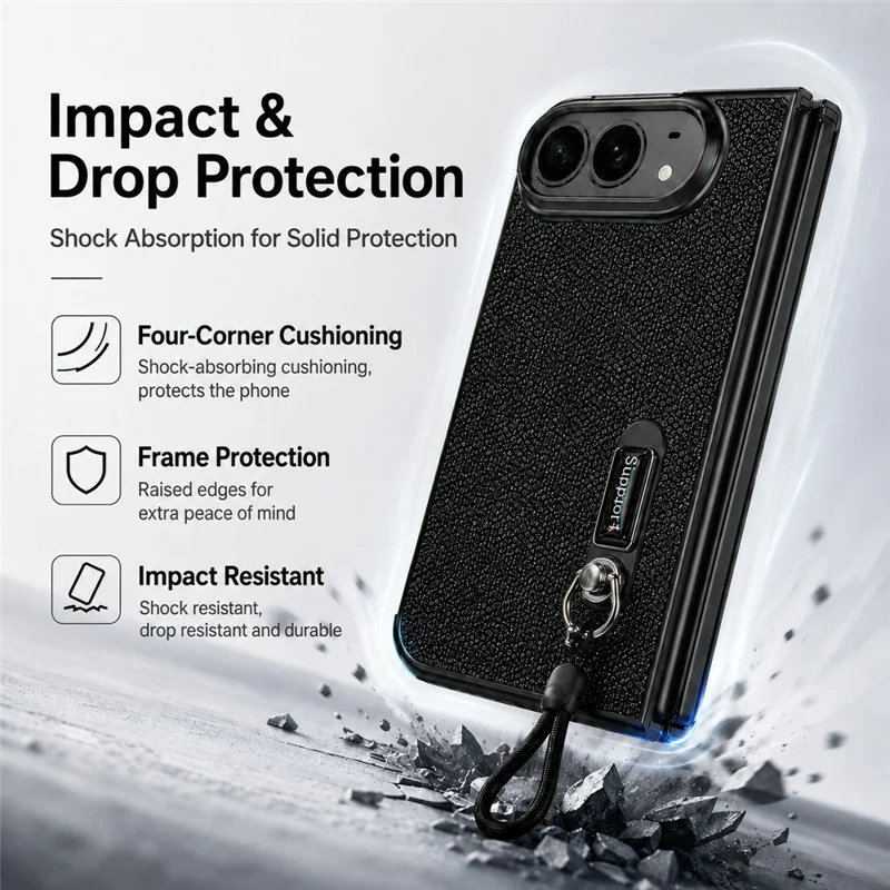 For iPhone Fold Case Kickstand Glitter Texture Foldable Phone Cover with Screen Protector / Wrist Strap - Black