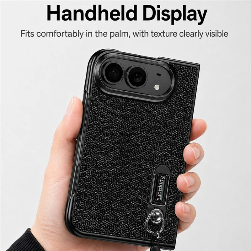 For iPhone Fold Case Kickstand Glitter Texture Foldable Phone Cover with Screen Protector / Wrist Strap - Black