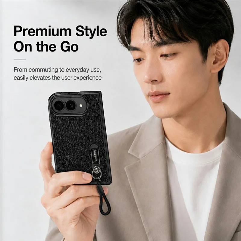 For iPhone Fold Case Kickstand Glitter Texture Foldable Phone Cover with Screen Protector / Wrist Strap - Black