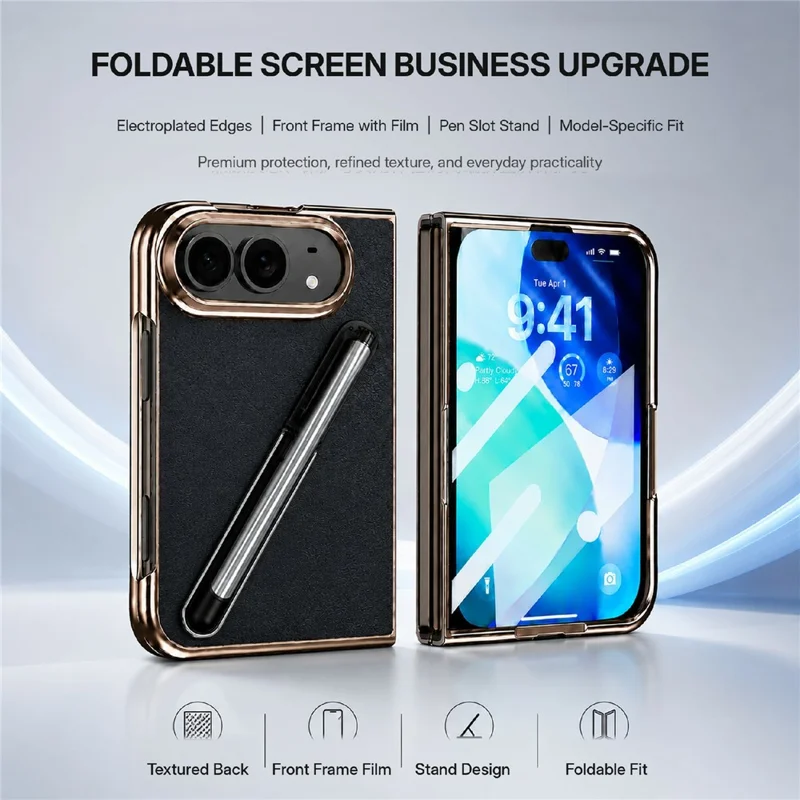 For iPhone Fold Case with Tempered Glass Flim / Stylus, Electroplating Leather + PC Phone Cover - Black