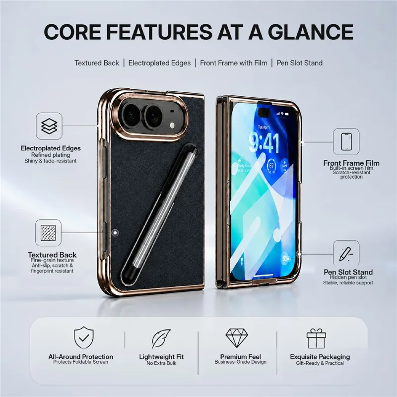 For iPhone Fold Case with Tempered Glass Flim / Stylus, Electroplating Leather + PC Phone Cover - Black