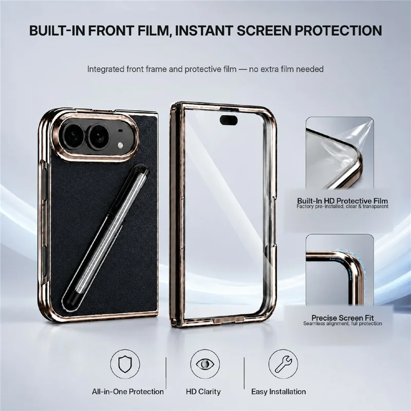 For iPhone Fold Case with Tempered Glass Flim / Stylus, Electroplating Leather + PC Phone Cover - Black