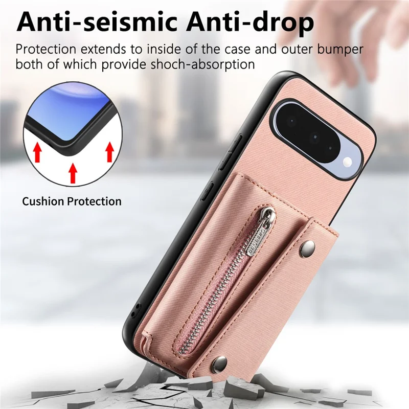 For Google Pixel 10 Pro  /  Pixel 10 Magnetic Case Twill Cloth Texture PU Leather Phone Back Cover with Tri-fold Card Holder - Pink