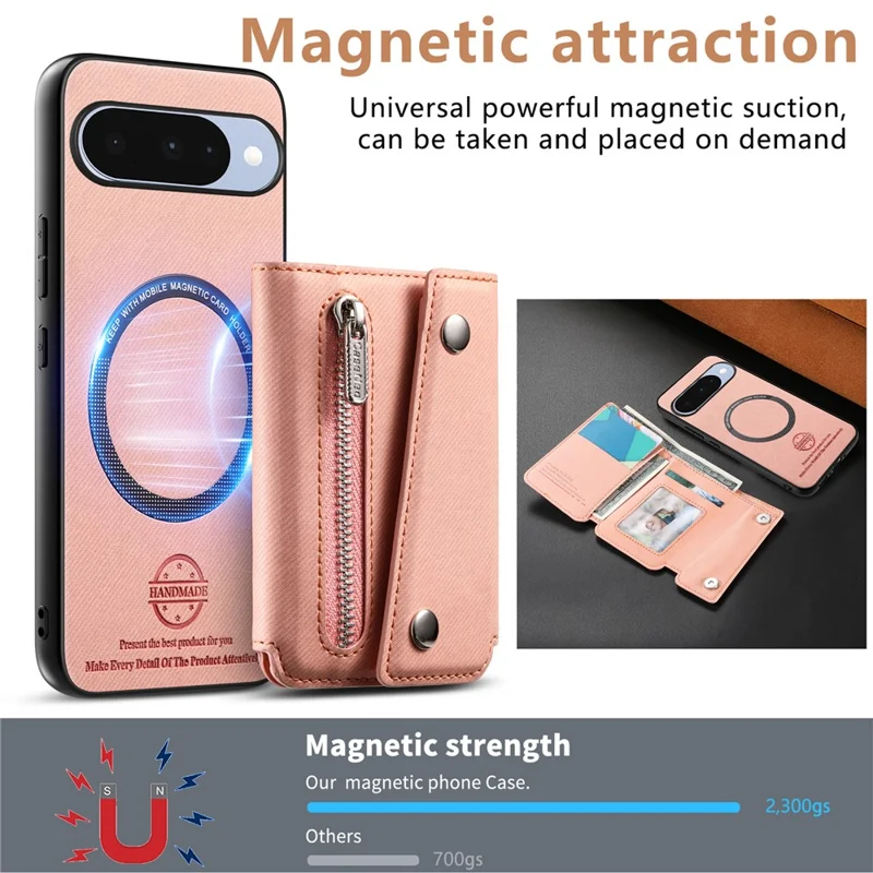 For Google Pixel 11 Magnetic Case Twill Cloth Texture PU Leather Phone Back Cover with Tri-fold Card Holder - Pink
