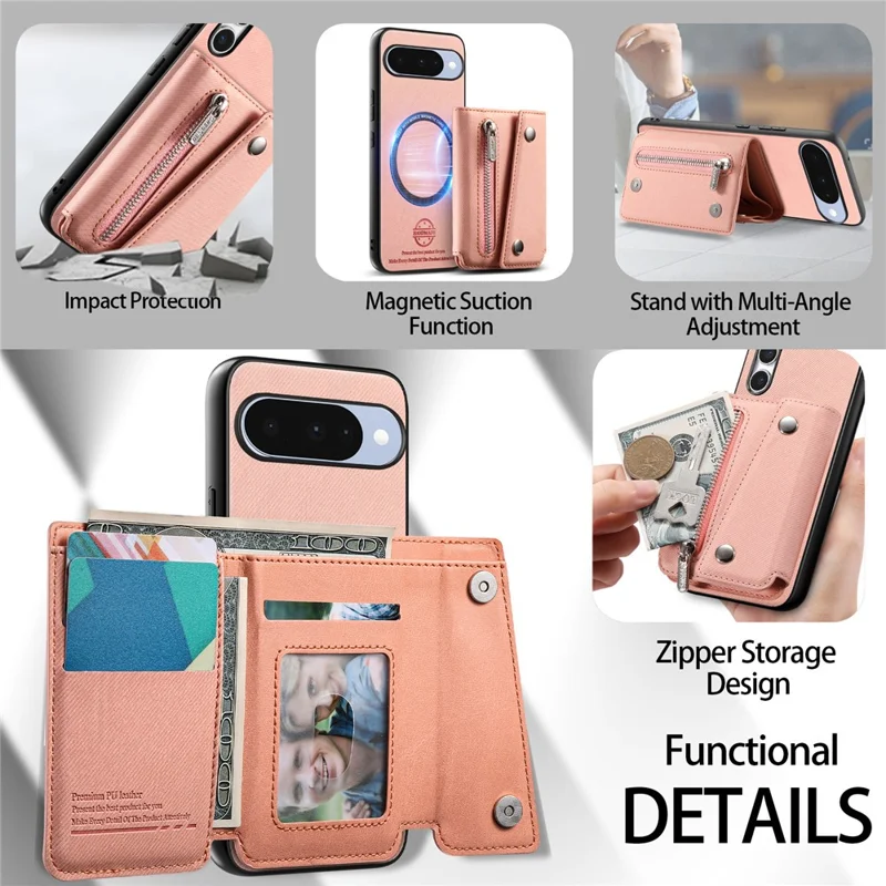 For Google Pixel 11 Magnetic Case Twill Cloth Texture PU Leather Phone Back Cover with Tri-fold Card Holder - Pink