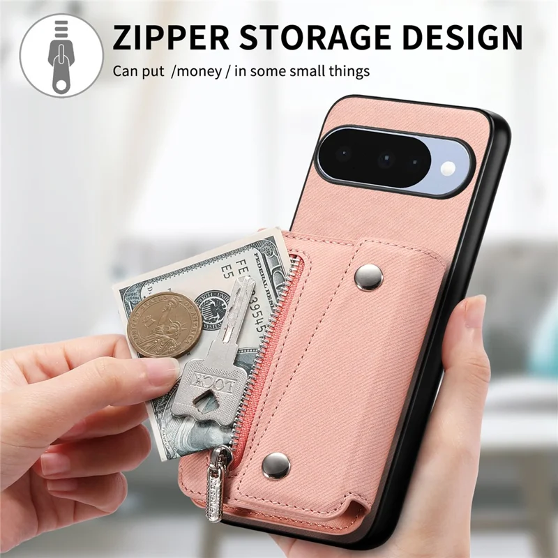 For Google Pixel 11 Magnetic Case Twill Cloth Texture PU Leather Phone Back Cover with Tri-fold Card Holder - Pink