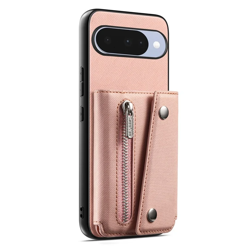 For Google Pixel 11 Magnetic Case Twill Cloth Texture PU Leather Phone Back Cover with Tri-fold Card Holder - Pink